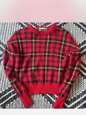 Urban Outfitters Red Black Yellow Plaid Cropped Crew Sweater